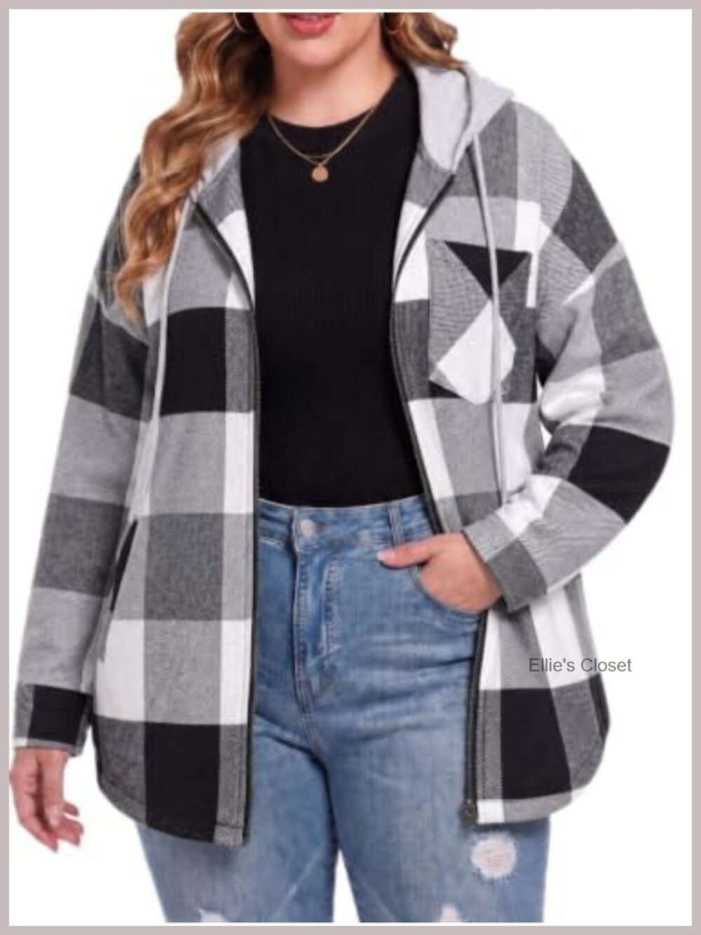 Plus Size Hooded Flannel Shacket Zip Up Plaid Jacket Women's